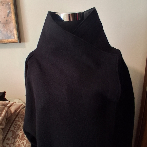 Eileen Fisher Black Funnel Neck Sweater Coat with 100% Leather Trim size Med NWT - Picture 3 of 16